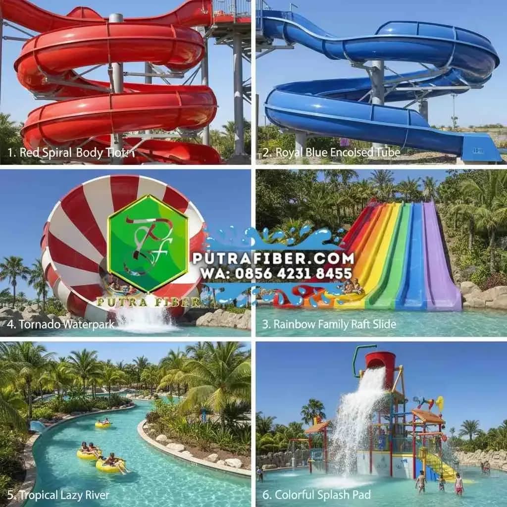 Portfolio jenis wahana waterpark fiberglass: body slide, tube slide, family raft, wave pool, lazy river, splash pad - produksi PUTRA FIBER