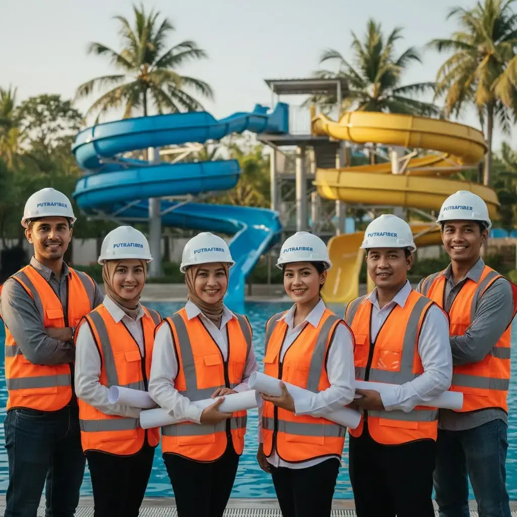 Tim konstruksi waterpark saat instalasi wahana