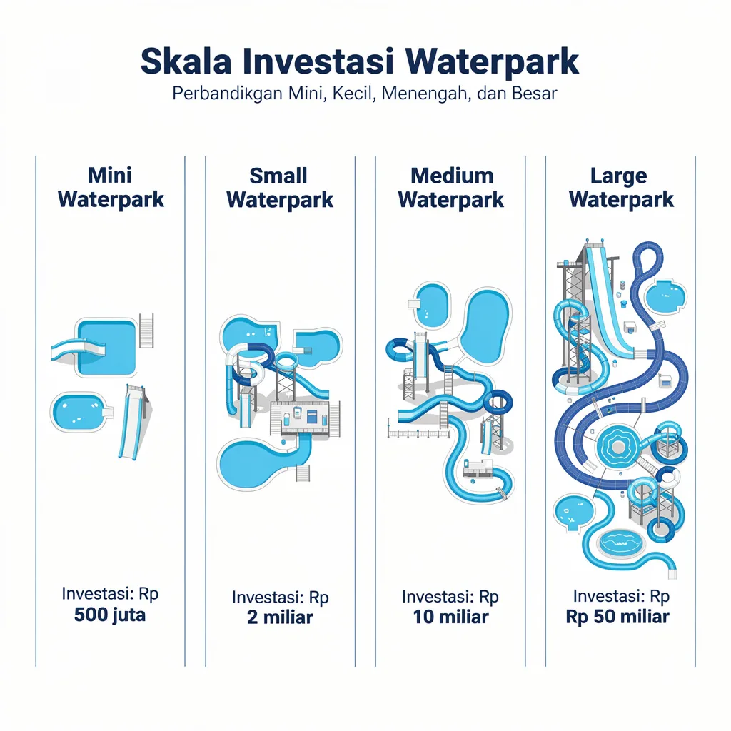 Infografis perbandingan skala waterpark dari mini waterpark hingga waterpark besar dengan ilustrasi ukuran lahan, jumlah wahana, dan range investasi dalam rupiah