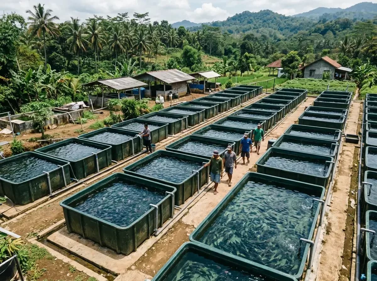 Kolam fiber PUTRA FIBER berisi ikan di area budidaya tambak Indonesia