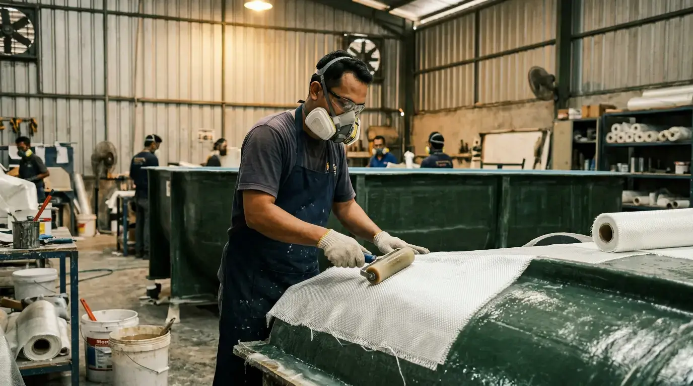 Proses produksi kolam fiberglass di pabrik PUTRA FIBER oleh teknisi berpengalaman