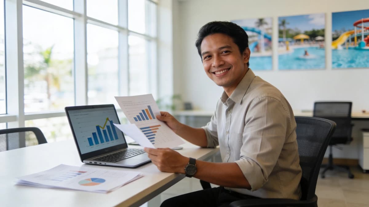 Pemilik usaha waterpark Indonesia berpakaian kasual profesional sedang meninjau laporan keuangan dan grafik pendapatan di mejanya, ekspresi puas melihat pertumbuhan bisnis