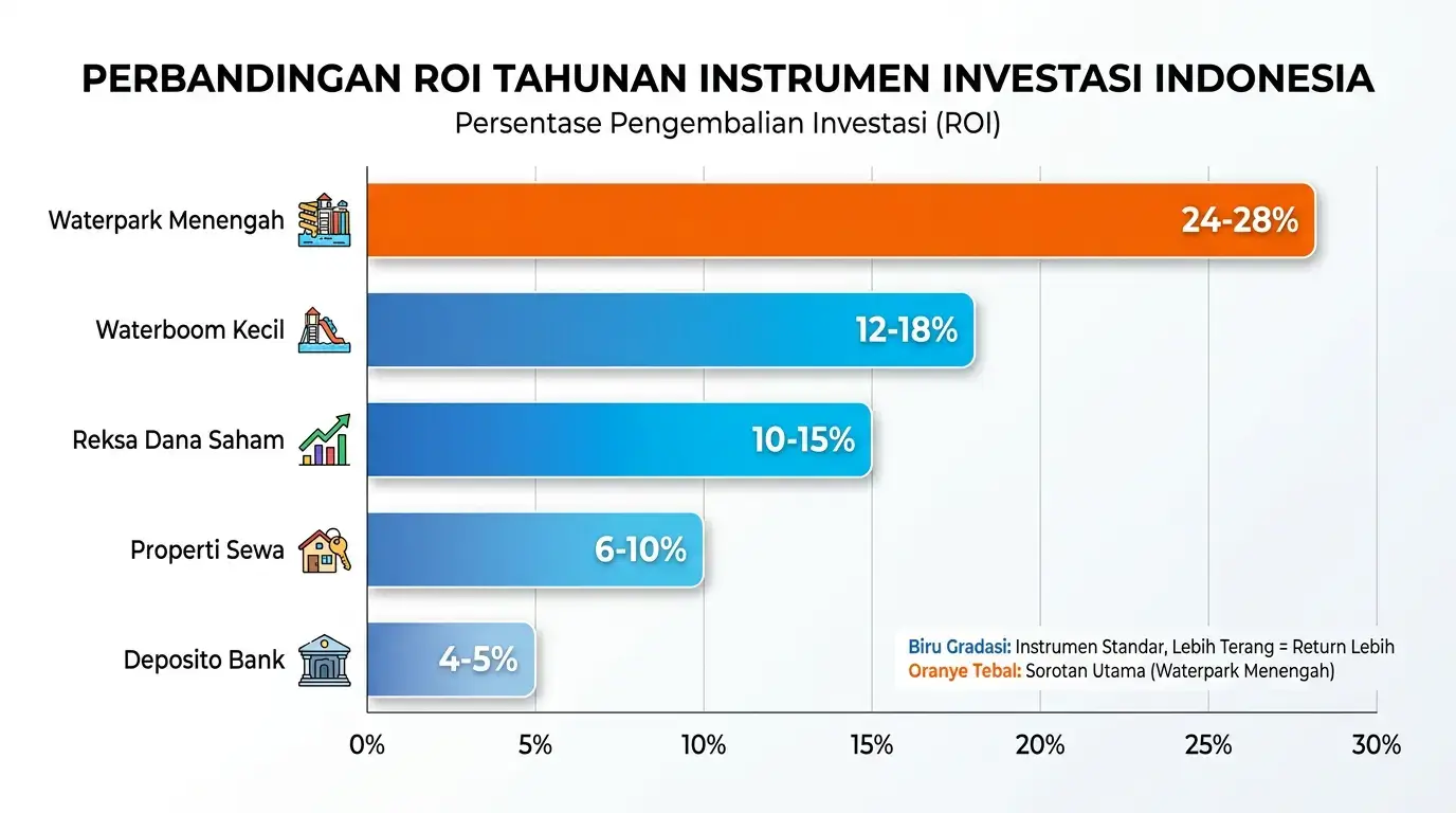Infografis perbandingan ROI berbagai instrumen investasi Indonesia dalam bentuk bar chart horizontal, waterpark skala menengah menunjukkan batang tertinggi dibanding deposito, properti, dan reksa dana