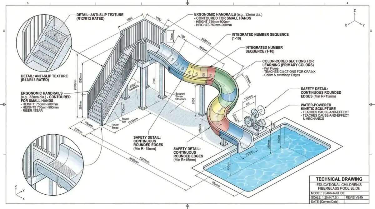 Desain teknis perosotan fiberglass dengan detail keamanan dan elemen edukasi yang disorot