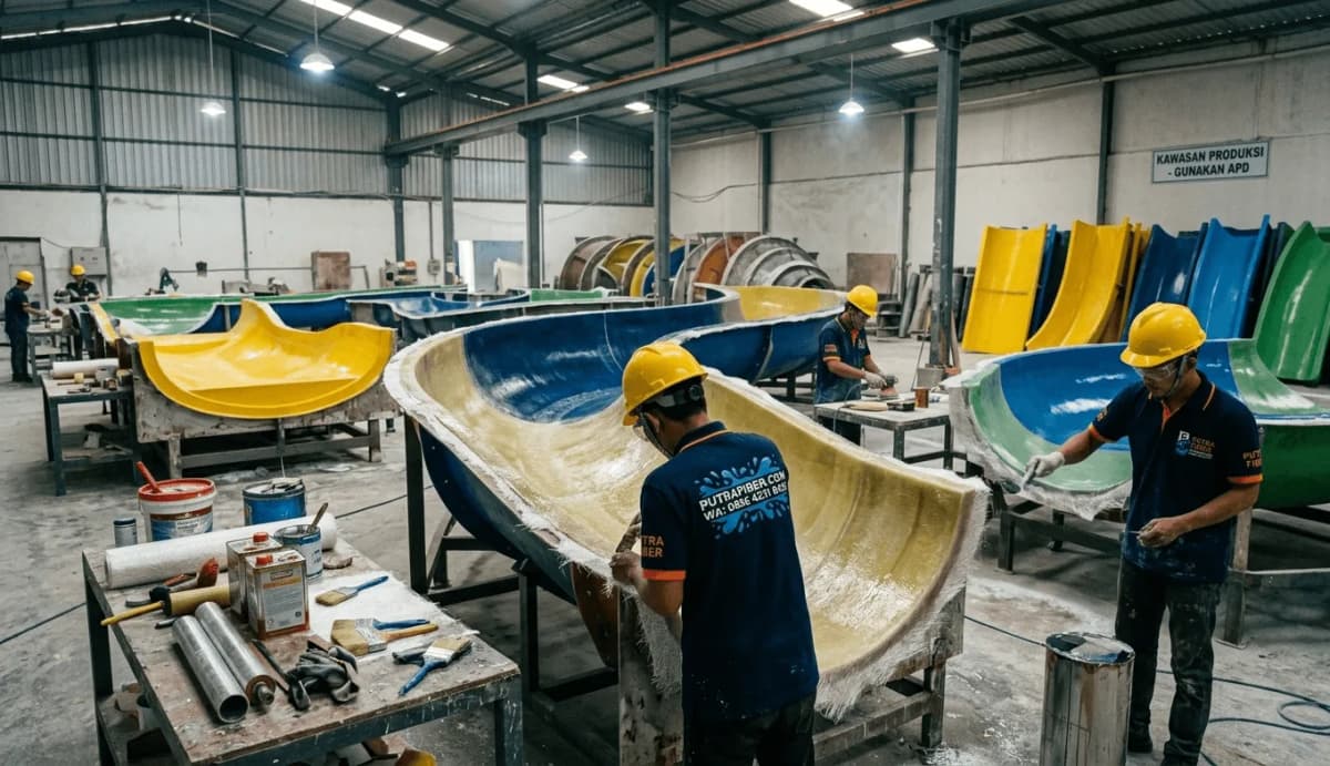 Proses produksi wahana water slide fiberglass di workshop pabrik, terlihat cetakan fiberglass besar berwarna kuning dan biru dalam berbagai tahap pengerjaan oleh teknisi