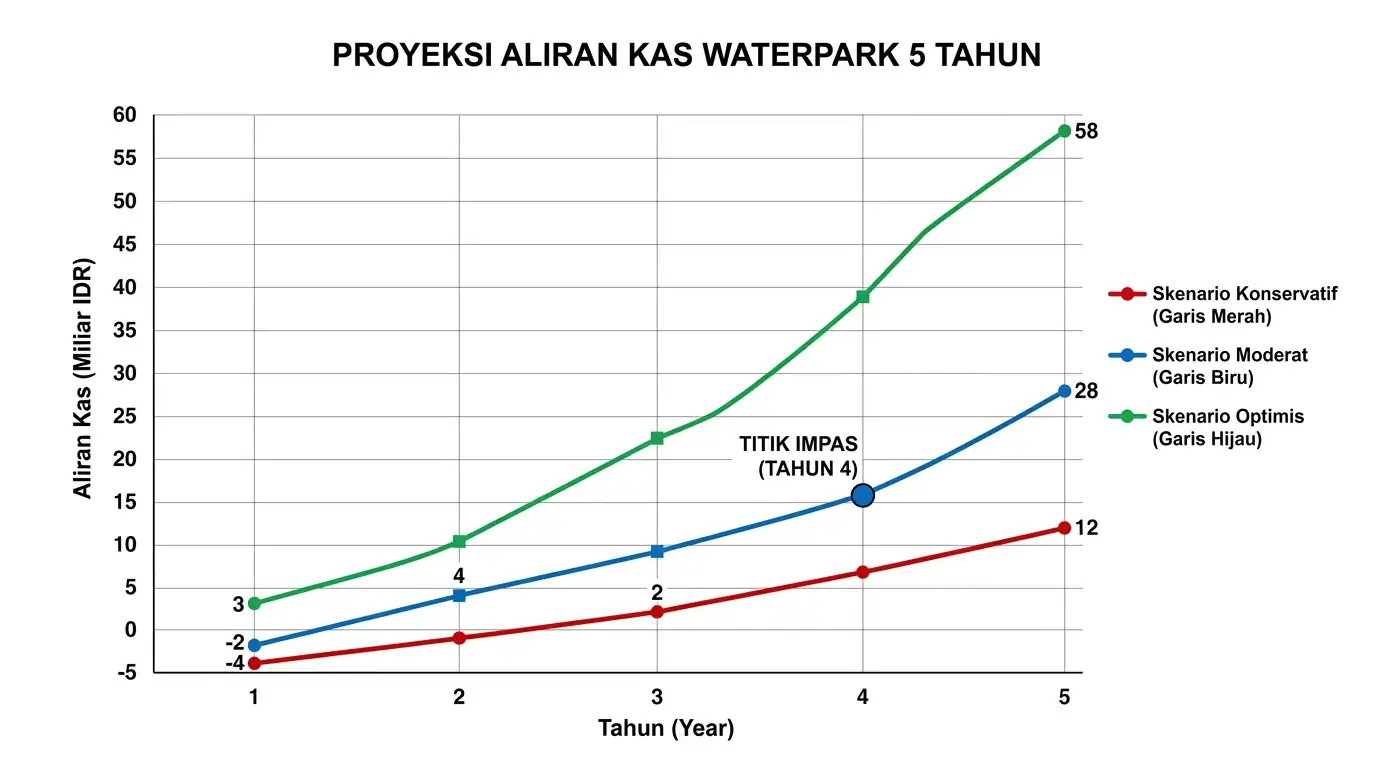 Grafik garis proyeksi cashflow waterpark 5 tahun menunjukkan kurva investasi awal yang turun kemudian naik melewati titik break-even di tahun ke-4, dengan tiga skenario berbeda warna