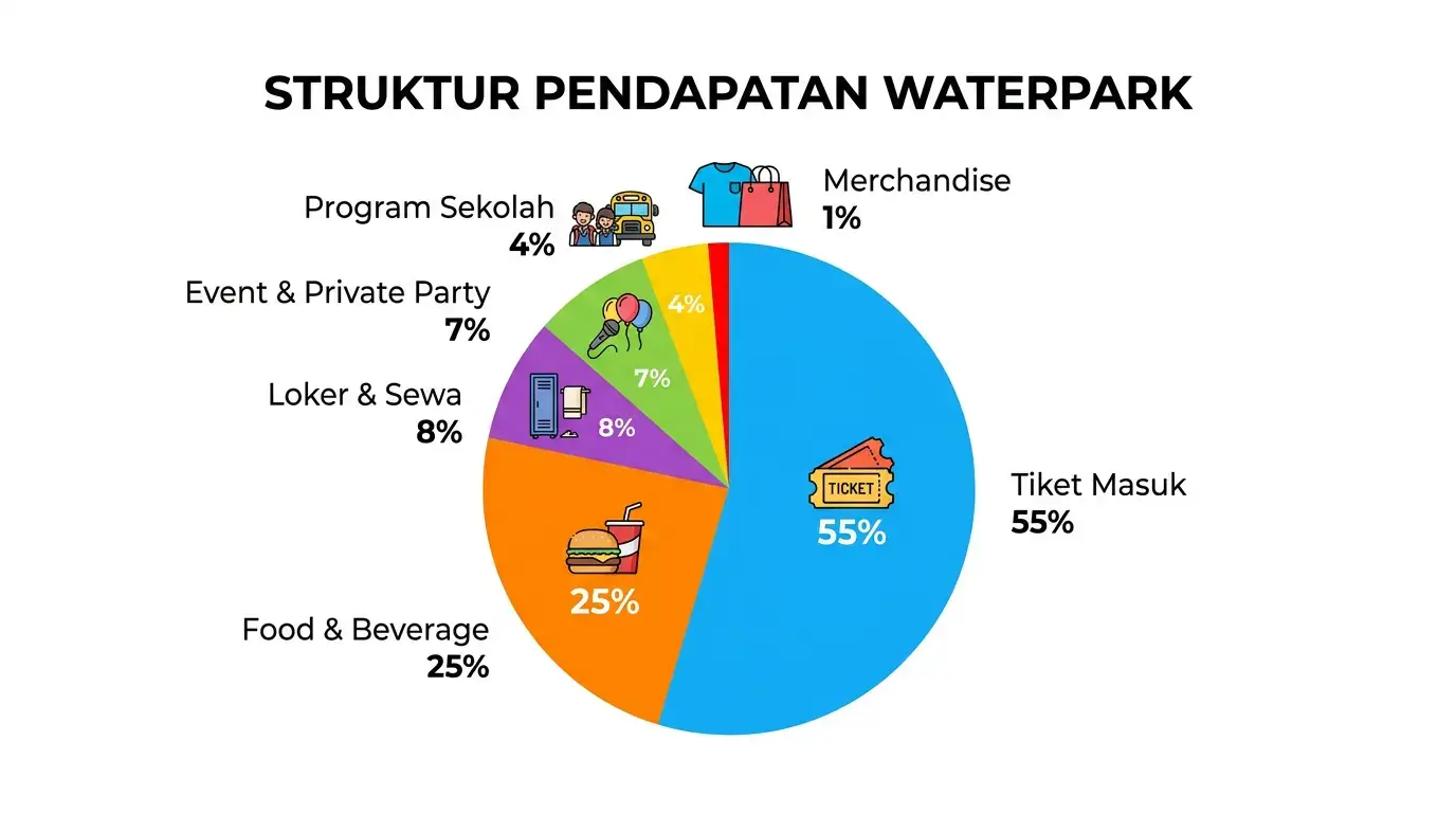 Infografis pie chart sumber pendapatan waterpark Indonesia: tiket masuk, food and beverage, loker dan ban, event korporat, foto profesional, dan membership