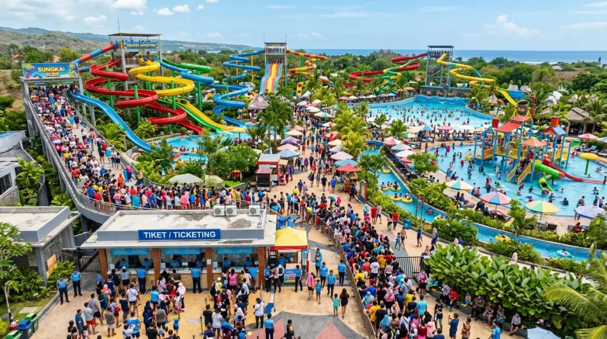 Waterpark Indonesia ramai pengunjung di hari libur, antrian panjang di depan wahana water slide, kasir tiket sibuk melayani pengunjung, suasana bisnis waterpark yang menguntungkan