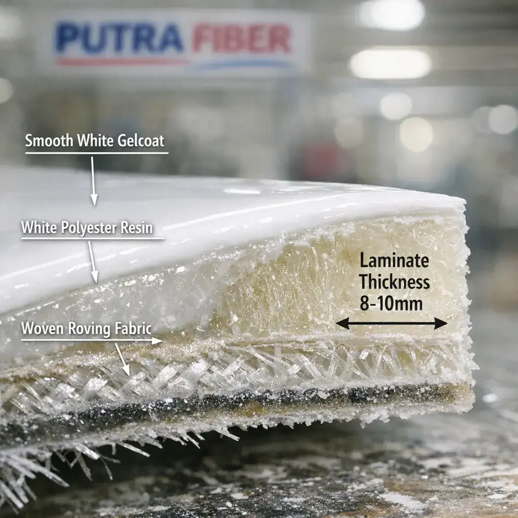 Detail Konstruksi Fiberglass Woven Roving Wahana Waterpark Close-up detail konstruksi fiberglass wahana waterpark: lapisan woven roving, gelcoat, dan ketebalan laminasi pada cross-section water slide yang sedang diproduksi di workshop PUTRA FIBER