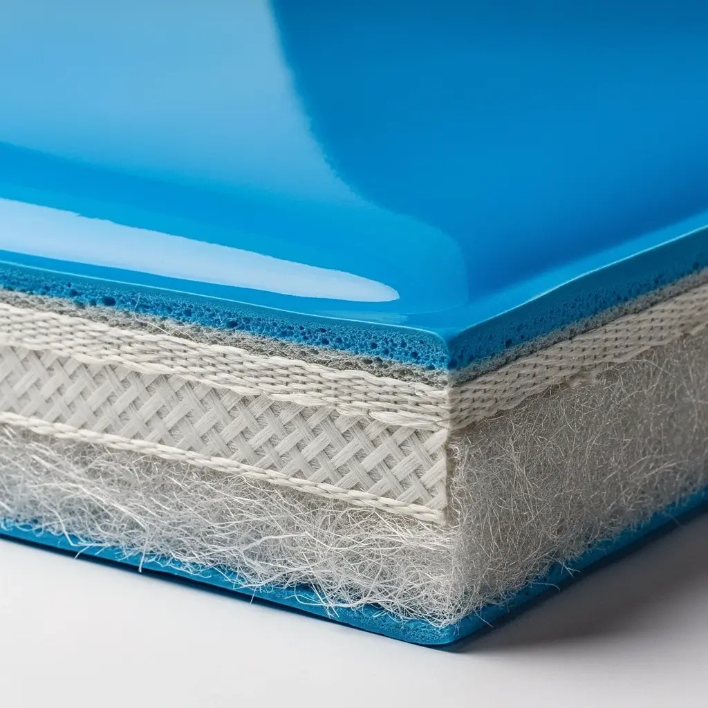 Detail Material Fiberglass Woven Roving Gel Coat Seluncuran Detail struktur lapisan komposit fiberglass anti bocor dan tahan lama dengan woven roving tebal untuk pembuatan perosotan kolam renang