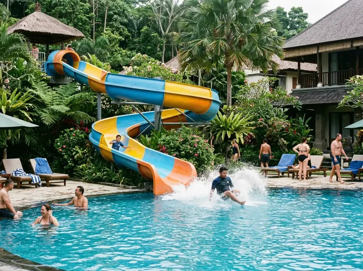 Fasilitas Seluncuran Waterboom Kolam Renang Resor Keseruan pengunjung keluarga bermain wahana perosotan waterboom di kolam renang resor dengan lanskap alam hijau