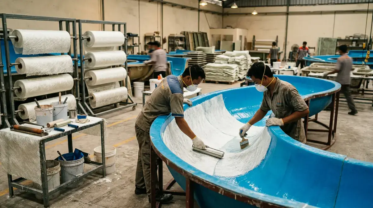 Produksi Laminasi Fiberglass Seluncuran Waterboom Di Pabrik Putra Fiber Pekerja pabrik mengaplikasikan serat fiberglass dan resin pada cetakan perosotan waterboom kolam renang dengan standar pengerjaan presisi
