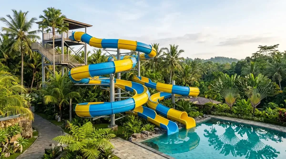 Instalasi seluncuran air fiberglass spiral biru kuning bertingkat untuk wahana waterboom di kawasan eco waterpark tropis Instalasi seluncuran air fiberglass spiral biru kuning bertingkat untuk wahana waterboom di kawasan eco waterpark tropis