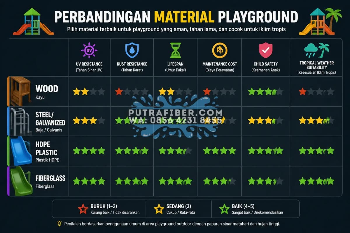infografis perbandingan material playground kayu besi plastik fiberglass Indonesia
